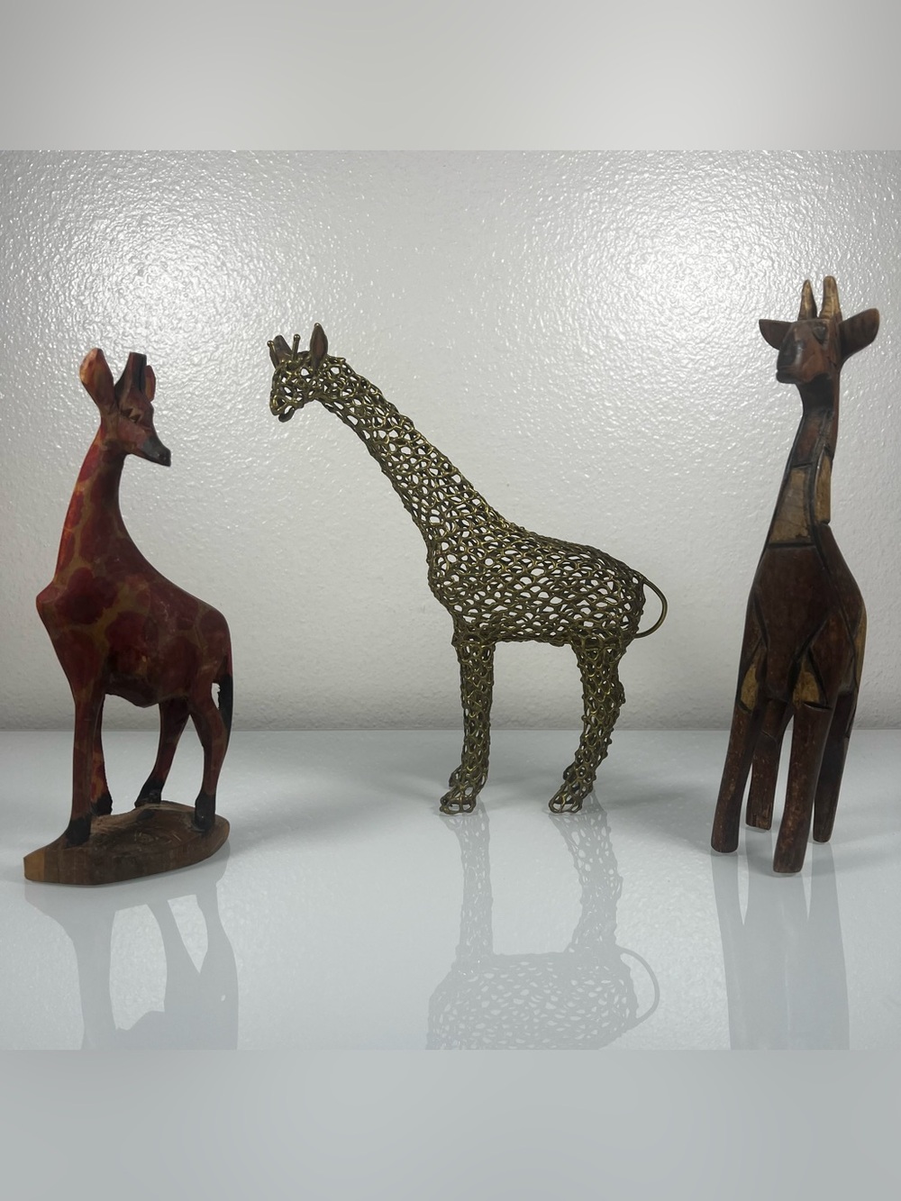 Vintage Giraffe Trio - 8.5" Reticulated Brass & Hand Carved Wood Sculptures